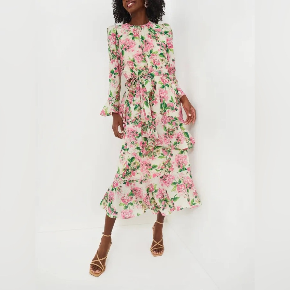 Floral Tie-Waist Midi Dress in Pink and Green